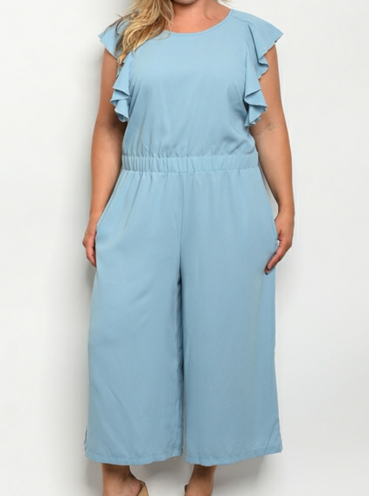 NWT PLUS SIZE DENIM BLUE RUFFLED SLEEVE JUMPSUIT
